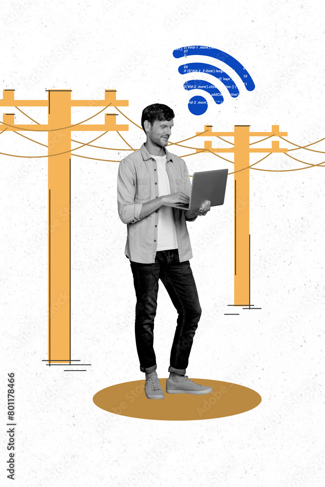 Poster creative trend collage of entrepreneur man wifi connection programmer coding electricity weird bizar