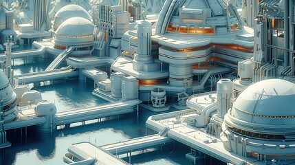 Futuristic factory, powered by wind turbines, clean energy and sunlight, view from above looking down. Generative AI.