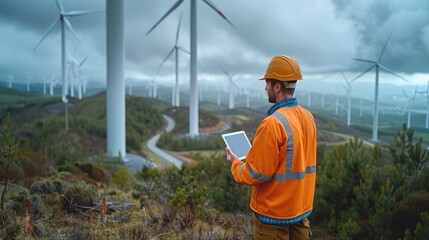 An engineer inspects wind turbines using a tablet computer. Generative AI.