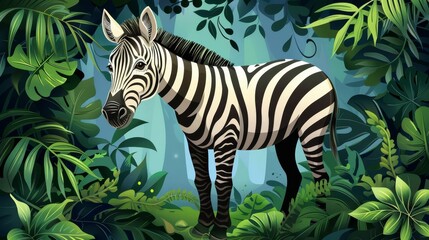 Fototapeta na wymiar A zebra stands amidst a lush jungle, surrounded by emerald-green foliage Above, a tranquil blue sky unfolds