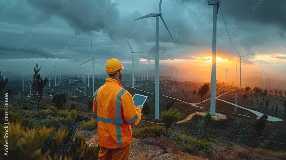 Poster An engineer inspects wind turbines using a tablet computer. Generative AI.
