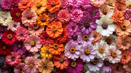   A tight shot of various colored flowers filling the image's center, with their bases in the middle ground