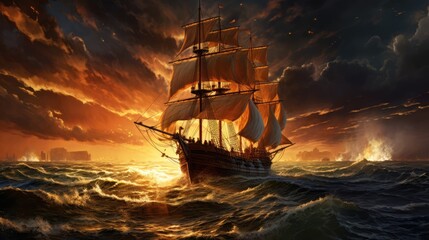 Obraz premium sailing ship at sunset