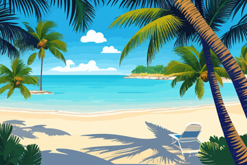 Fototapeta na wymiar calm sea beach palms cartoon illustration 