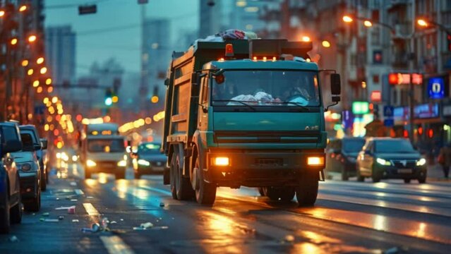 A garbage truck fleet out on the road in city. 