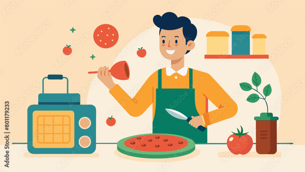 Poster with the radio playing in the background a man mixes together a batch of homemade pizza sauce using 