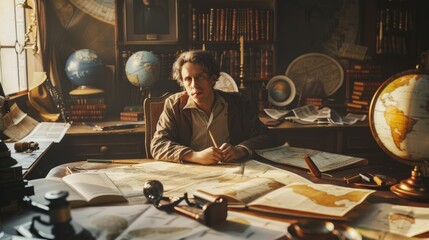 The picture of the cartographer working inside the workshop doing about mapping the map of the world on table, topography need skills like map reading, data analysis and accurate information. AIG43. - obrazy, fototapety, plakaty