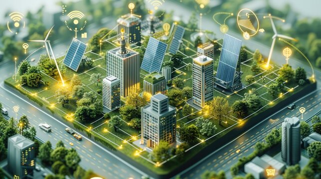 Decarbonization roadmap for a European city made of data on top of a square data router box. a data points floating around solar panels and wind turbine. isometric. Generative AI.