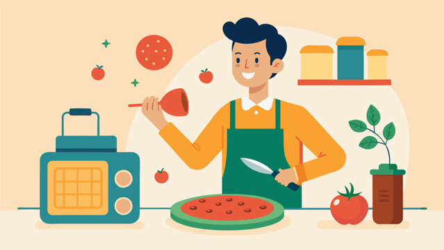 With the radio playing in the background a man mixes together a batch of homemade pizza sauce using fresh tomatoes garlic and herbs before generously.