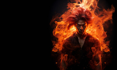 Flaming handsome tough asian man set against a black background. Supernatural man on fire. Fiery long hair. Walking trough the fire. Also related to: Cremate, Pyromania, Pyrotechnic, Searing, Inferno