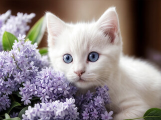 White kitten with blue eyes and lilac flowers, close-up