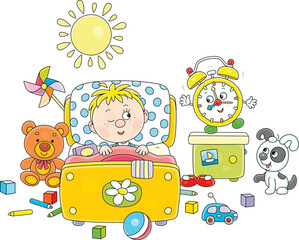 Little boy awaking up in his pretty small bed among toys after merry rings of a funny alarm clock in a nursery room on a sunny morning, vector cartoon illustration isolated on a white background