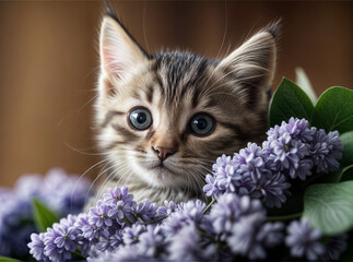 Cute little tabby kitten with lilac flowers on dark background