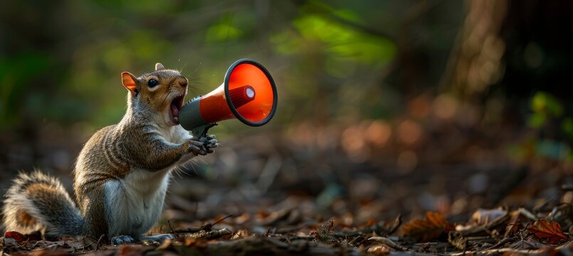 Squirrel making public announcement with a megaphone in a unique and adorable scene