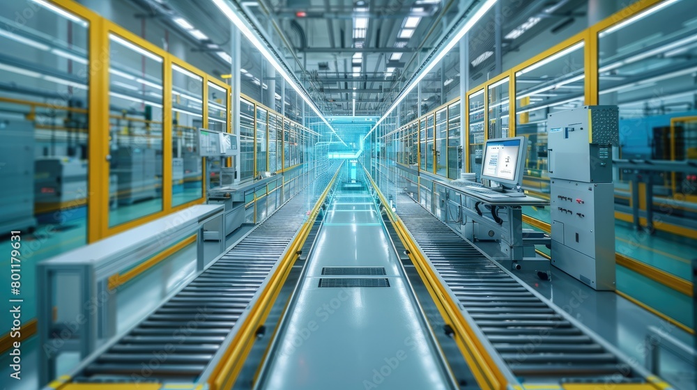 Poster high-tech manufacturing line enhanced with digital twin solutions. generative ai.