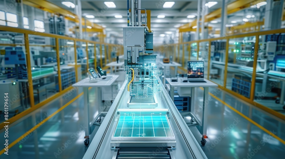 Poster high-tech manufacturing line enhanced with digital twin solutions. generative ai.