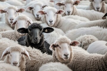Obraz premium A black sheep among a flock of white sheep. Concept: Standing out from the crowd. Being different