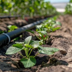 A row of plants is growing in a field with a black drip irrigation hose running through the middle.