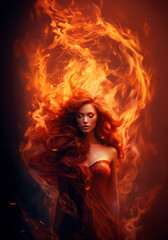 Flaming beauty woman set against a black background. Supernatural woman on fire. Fiery long hair. Walking trough the fire. Also related to: Unmatched, Sovereign, Unparalleled, Unconquerable