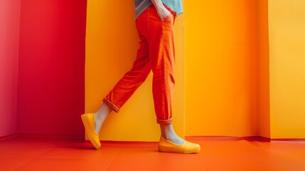A woman in orange pants and a blue shirt walking down the hall, AI - Powered by Adobe