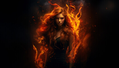 Fototapeta premium Flaming beauty woman set against a black background. Supernatural woman on fire. Fiery long hair. Walking trough the fire. Also related to: Pyrotechnic, Searing, Inferno, Ashen, Blaze, Kindle, Consume