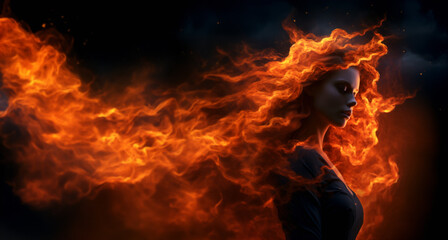 Flaming beauty woman set against a black background. Supernatural woman on fire. Fiery long hair. Walking trough the fire. Also related to: torrid, Incendiary, Firebrand, Cremate, Pyromania