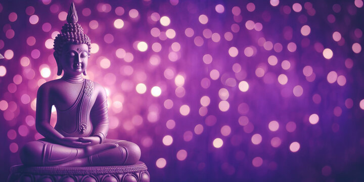 close up photography of monochrome purple buddha figure on  purple background and bokeh lights, space for text