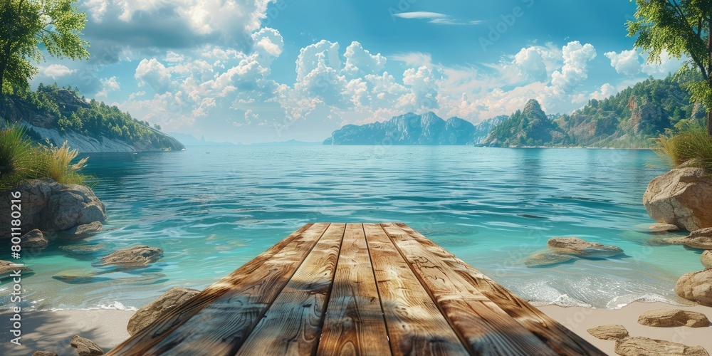 Poster A horizontal wooden plank bridge is in front of the scene. Behind are beautiful beaches and islands. Generative AI.