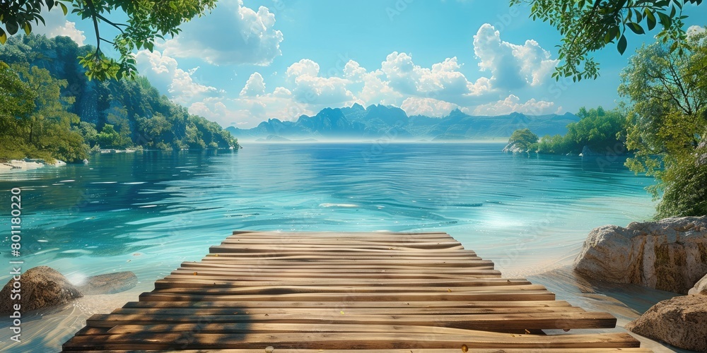 Aufkleber a horizontal wooden plank bridge is in front of the scene. behind are beautiful beaches and islands.