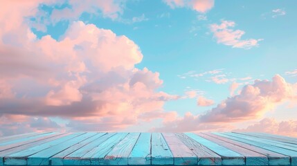 wooden terrace with beautiful view blue sky and pink cloud, copy space for display of product or object presentation and advertisement concept