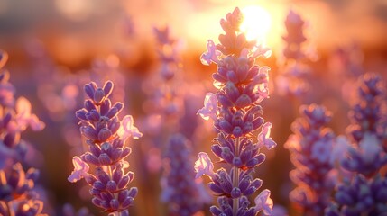 Fototapeta na wymiar A close-up of lavender flowers in a field at sunset.