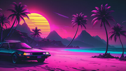 Aesthetic beach synthwave retrowave wallpaper with a cool and vibrant neon design