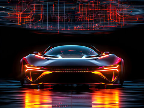 Modern electric vehicle with dynamic lighting and sleek design on dark background