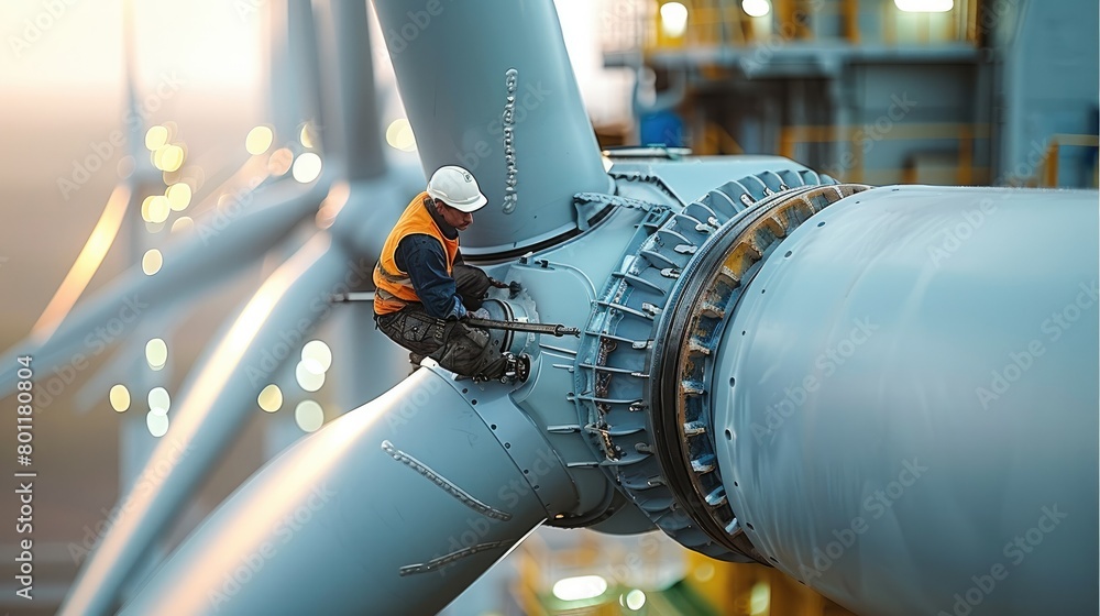 Poster An engineer repairing the blade of a wind turbine. The focus should be on the engineer's hands and tools as they work on the intricate mechanics of the turbine blade. Generative AI.