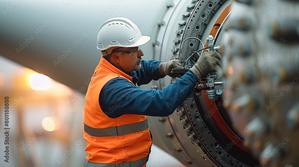 Aufkleber An engineer repairing the blade of a wind turbine. The focus should be on the engineer's hands and tools as they work on the intricate mechanics of the turbine blade. Generative AI.