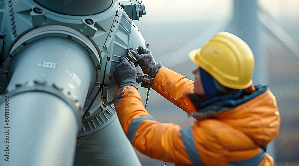 Poster An engineer repairing the blade of a wind turbine. The focus should be on the engineer's hands and tools as they work on the intricate mechanics of the turbine blade. Generative AI.