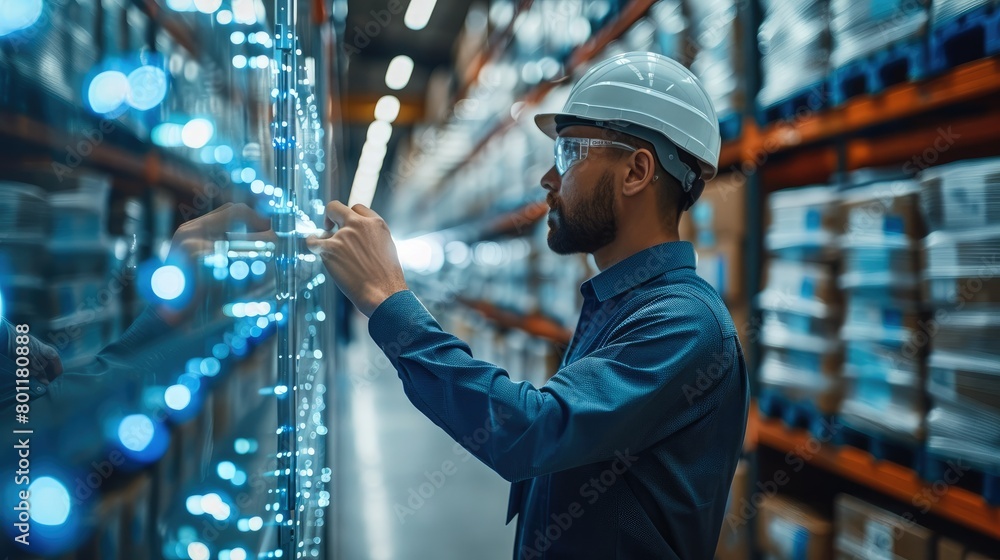 Poster engineer at work, smart warehouse management system with innovative internet of things technology. g