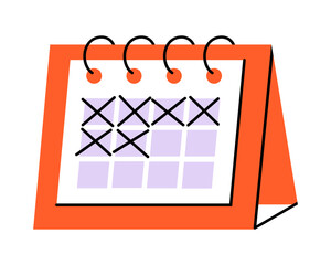 Hand drawn cute illustration of calendar with strikethrough dates. Flat vector timetable or schedule page in colored doodle style. Planning or time management icon. Event deadline. Isolated on white.