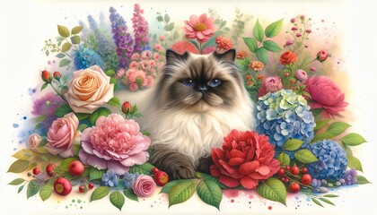 Watercolor painting of a Himalayan Cat with Flowers