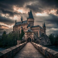 A castle with a bridge on a hill with a cloudy sky in the background