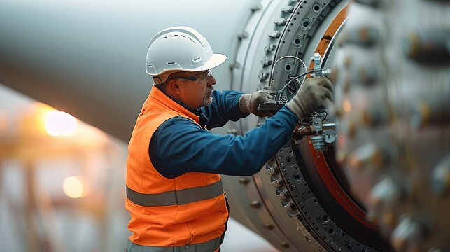 An engineer repairing the blade of a wind turbine. The focus should be on the engineer's hands and tools as they work on the intricate mechanics of the turbine blade. Generative AI.