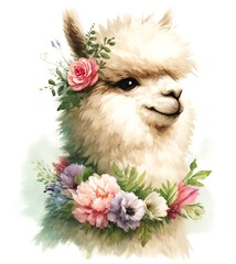 Naklejka premium Watercolor painting of Fluffy Alpaca