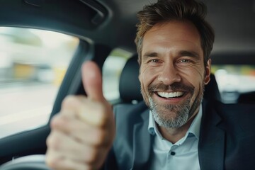 Successful businessman driving luxury car, smiling and giving thumbs up, close up view