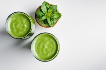 Obraz premium green smoothie made of spinach, mint and lime, broccoli drink view from above