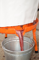 Bladder press in action. Fruit and wine press operation. Pressing grapes for wine production....