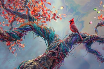 Colorful artwork depicting a tree with a trunk and wild branches made of multi-color electrical wires wound around each other. A cardinal should be perched on one of the branches