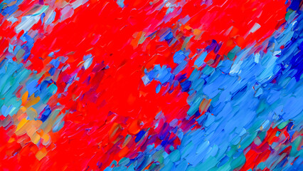 Red, blue, and orange oil paint brush strokes on canvas for social media background