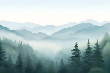 Misty Morning, Foggy Hills with Hemlock Trees. Realistic hills landscape. Vector background