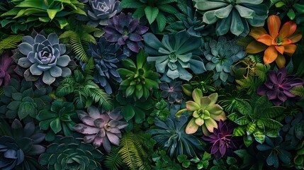 A lush, vibrant background filled with a variety of tropical succulents, their thick leaves ranging in colors from deep greens to bright purples.