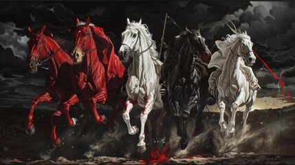 Four Horsemen of the Apocalypse - white for conquest, red for war, black for pestilence or famine, and pale for death - black background - desert landscape